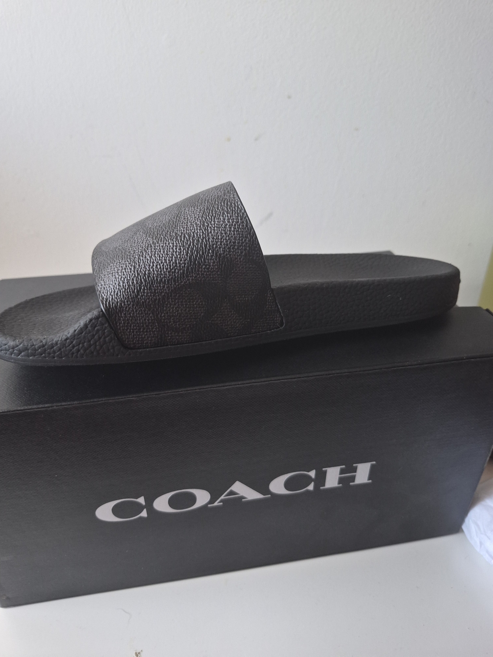 Coach Black Monogram Slide Sandals with Textured Strap